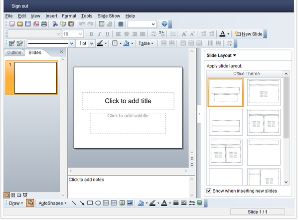Выбор разметки слайда в Show