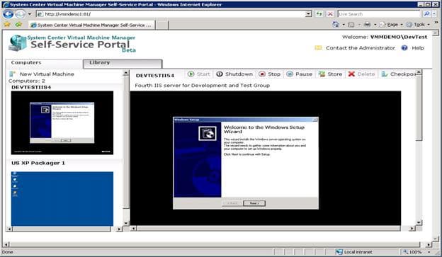 Окно портала самообслуживания SCVMM
