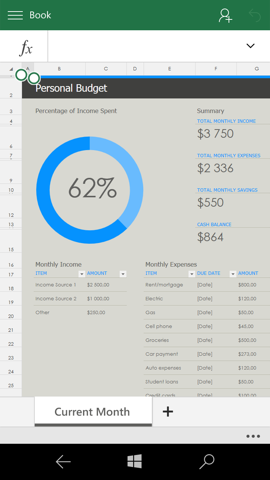 Предварительный обзор Windows 10 Mobile. Скриншоты. Excel
