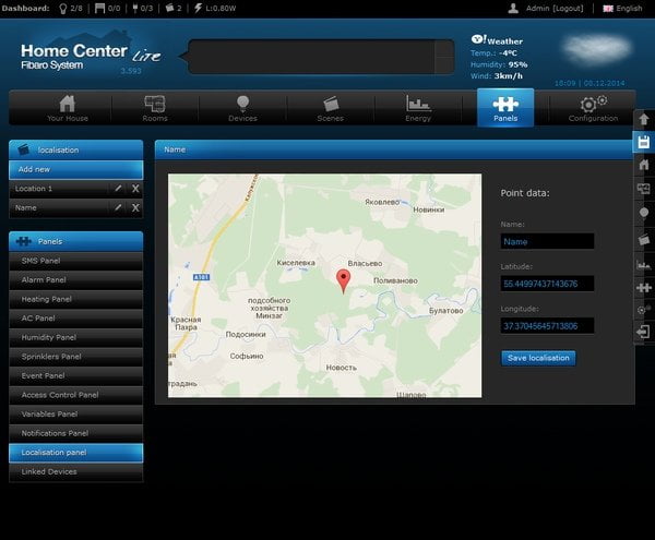 Интерфейс настройки Fibaro Home Center Lite