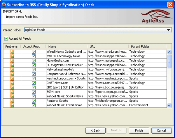Выбор предустановленных новостных лент в AgileRss
