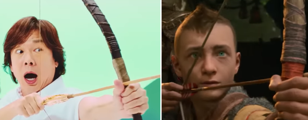 Японская реклама God of War Ragnarok. Мужчины веселятся, а Кратос стабильно хмурый