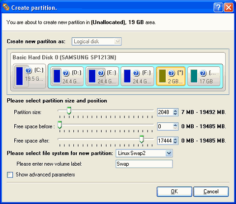 Окно создания новых разделов