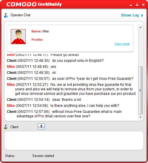 GeekBuddy является системой мгновенных сообщений для общения в реальном времени с техническим специалистом Comodo