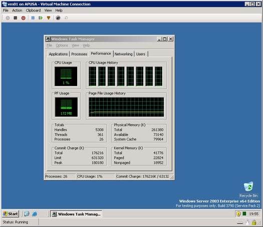 Консоль виртуальной машины с восьмью виртуальными процессорами на платформе Windows Virtualization