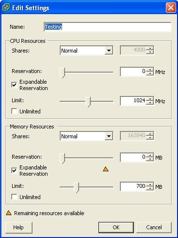 Ограничение ресурсов пула виртуальных машин на платформе VMware ESX Server
