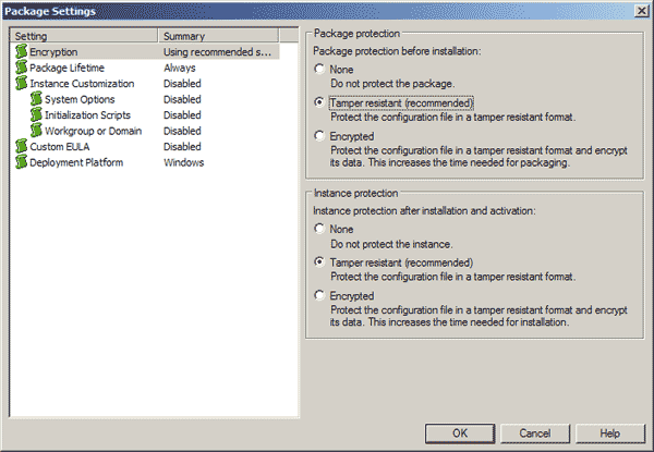 Задание свойств пакета VMware ACE