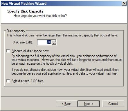 Настройка емкости виртуального диска