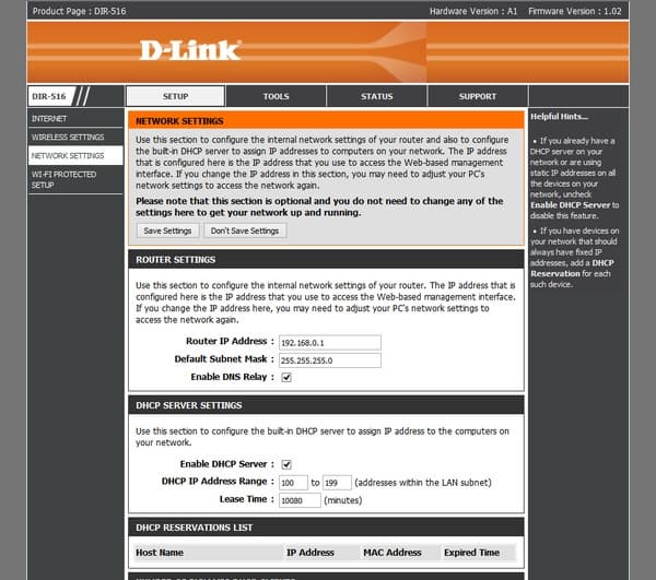 веб-интерфейс D-Link DIR-516