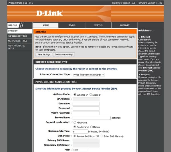 веб-интерфейс D-Link DIR-516