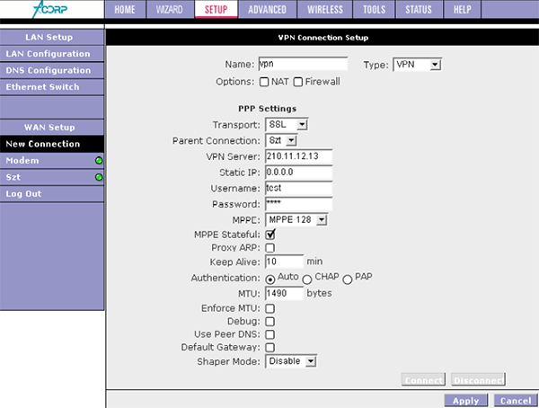 настройка VPN соединения в модеме ACORP Sprinter@ADSL