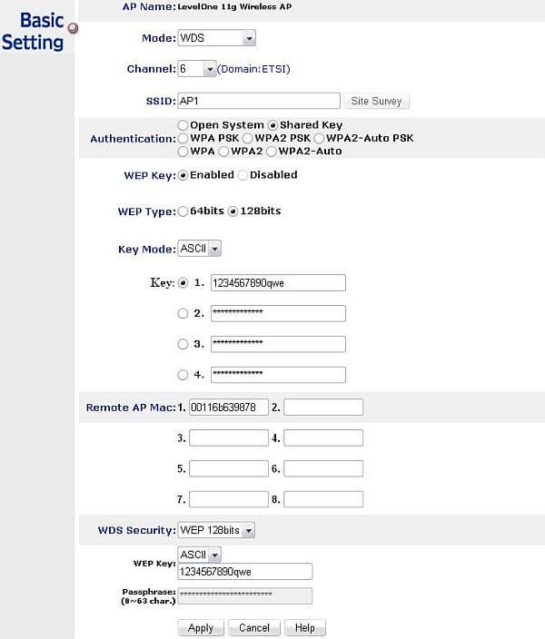 Рис.18 Настройка WDS для точки доступа №1 с 128bit ключом WEP