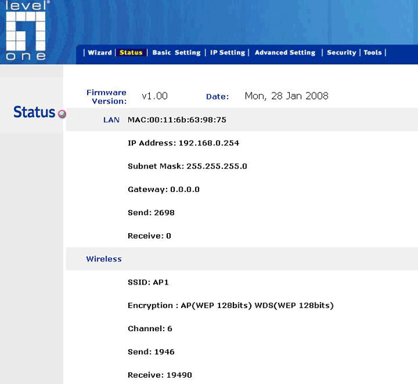 Рис.19 Статусное окно работы точки доступа №1 в режиме WDS