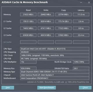 AIDA64 Cache & Memory Benchmark Intel Core m5-6Y57