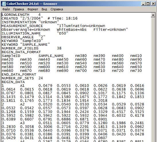 Файл описания шкалы X-Rite ColorChecker (24 поля)