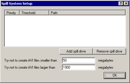 VirtualDub - окно Spill System Setup