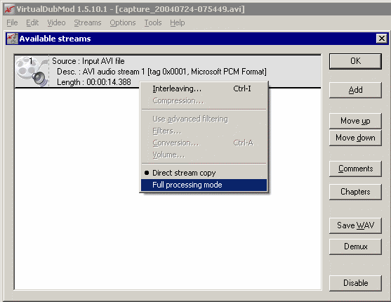 VirtualDub - окно со списком звуковых потоков