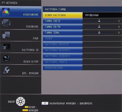 Проектор Panasonic PT-AE7000EA, меню