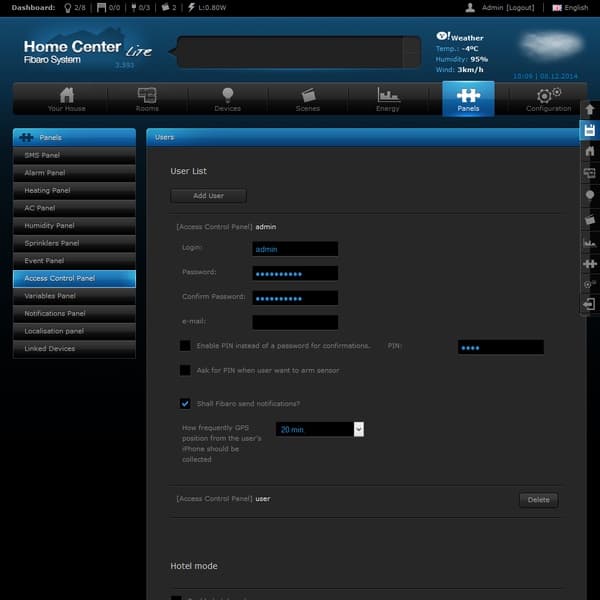 Интерфейс настройки Fibaro Home Center Lite