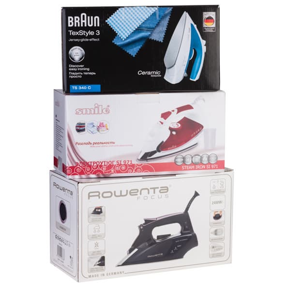 Утюги Rowenta Focus DW 5135D1, Braun TexStyle TS 340 C и Smile Steam Iron SI 971