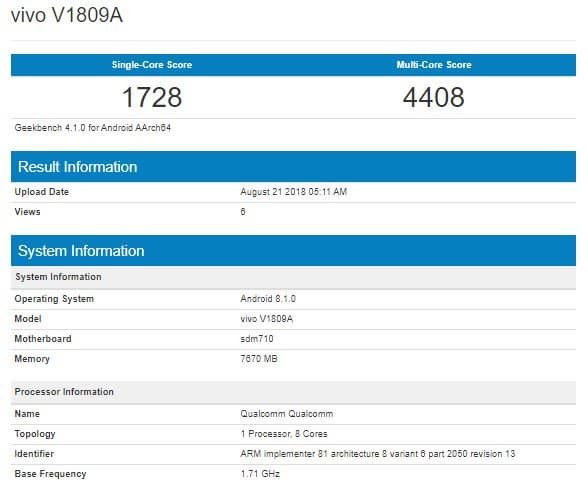 Vivo X23 отметился в базе Geekbench