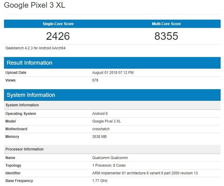 Google Pixel 3 XL протестирован в Geekbench