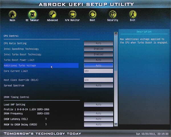Скриншот UEFI BIOS на плате ASRock P67 Pro3