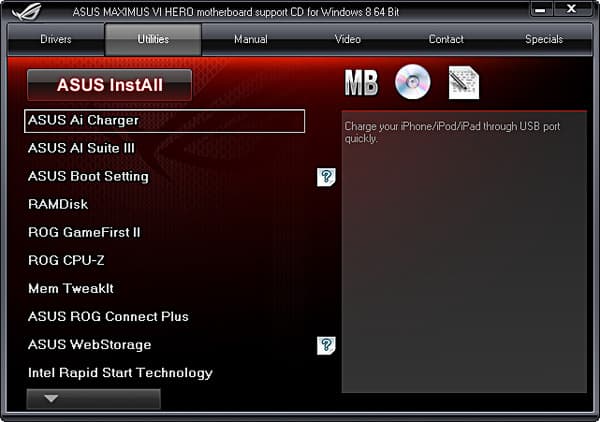 Набор утилит материнской платы Asus Maximus VI Hero
