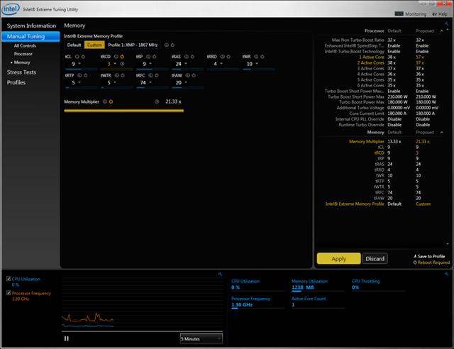 Утилита Intel eXtreme Tuning Utility, настройки работы памяти