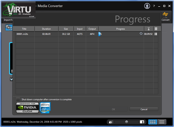Процесс кодирования видео в CyberLink MediaEspresso