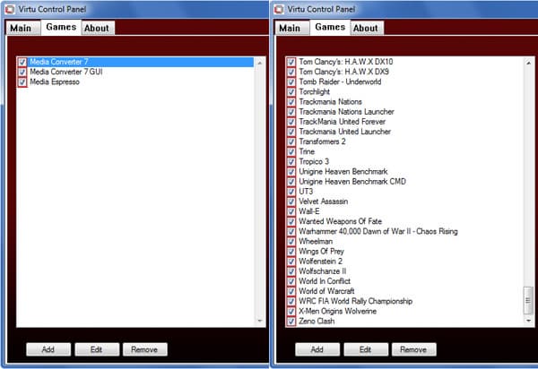 Список приложений-исключений, которые будут запущены на «неродном» ускорителе