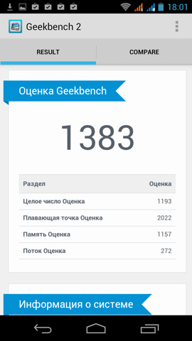 Обзор Fly IQ444 Diamond 2. Скриншоты. Geekbench 2
