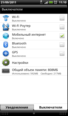 Обзор HTC Evo 3D. Скриншоты. Панель уведомлений, управление коммуникатором