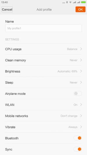 Управление режимами Xiaomi Mi Note