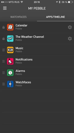 Скриншот смартфонного приложения Pebble TIme Скриншот смартфонного приложения Pebble TIme