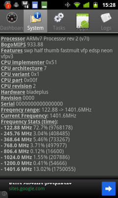 Обзор ZTE Blade+. Скриншоты. Информация о процессоре