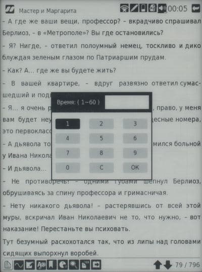 Электронная книга inch S6t, интервал автопрокрутки