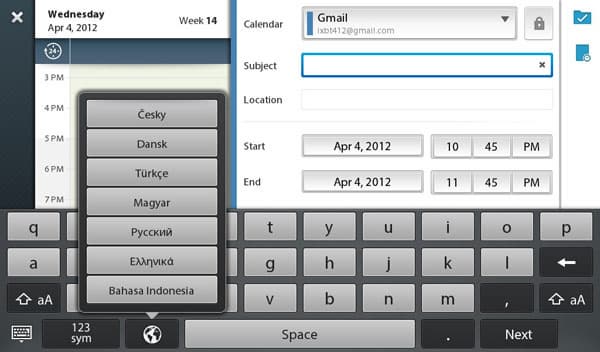 Выбор русской клавиатуры на планшете RIM BlackBerry PlayBook