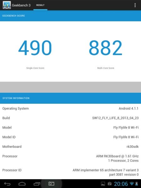 Результаты планшета Fly Flylife 8 в Geekbench 3