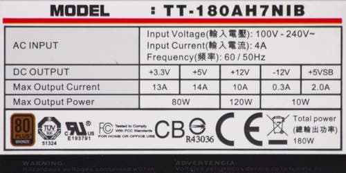 Характеристики блока питания Thermaltake TT-180AH7NIB