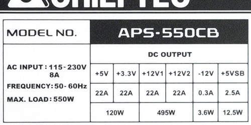 Характеристики блока питания Chieftec APS-550CB