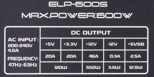 Характеристики блока питания Chieftec ELP-600S