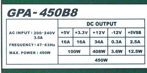 Характеристики блока питания Chieftec GPA-450B8