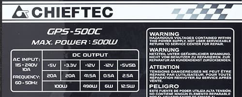 Характеристики блока питания Chieftec GPS-500C