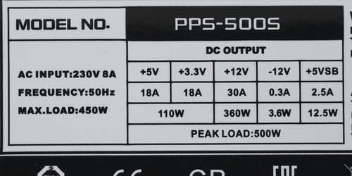 Характеристики блока питания Chieftec PPS-500S