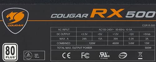 Характеристики блока питания Cougar RX 500 (CGR R-500)