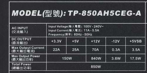 Характеристики блока питания Thermaltake TP-850AH5CEG-A Москва 850 Вт (W0428RE)