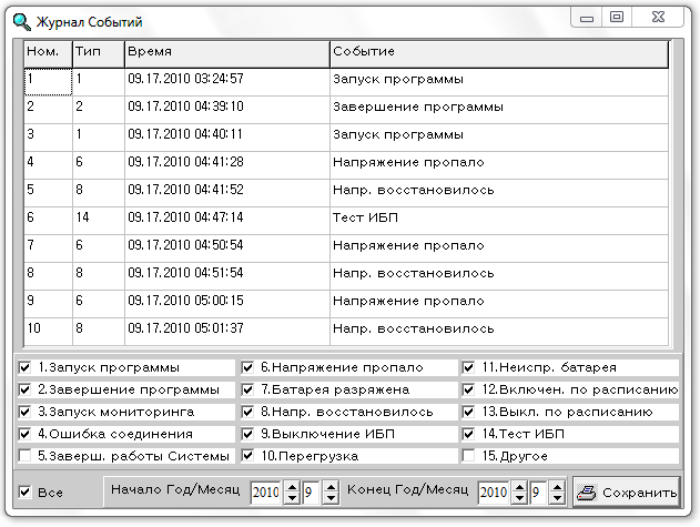 журнал событий в UPSMON Plus