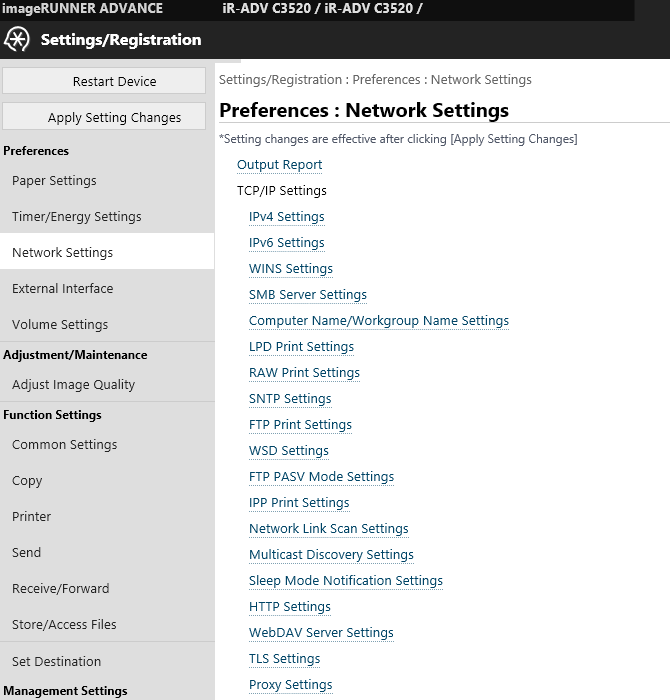 Canon iR C3520i, веб-интерфейс