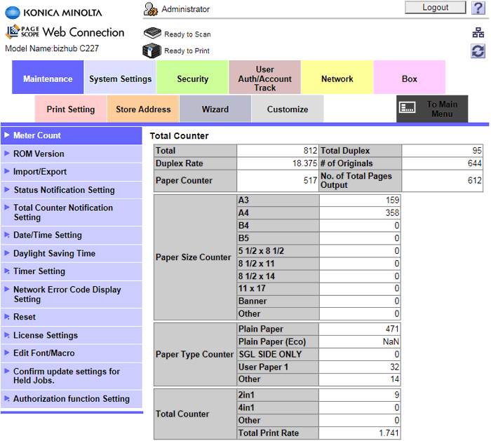 Konica Minolta bizhub C227, web-интерфейс